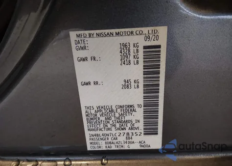 2020 Nissan Altima Sv Fwd z USA, uszkodzony, nr VIN 1N4BL4DV7LC278352